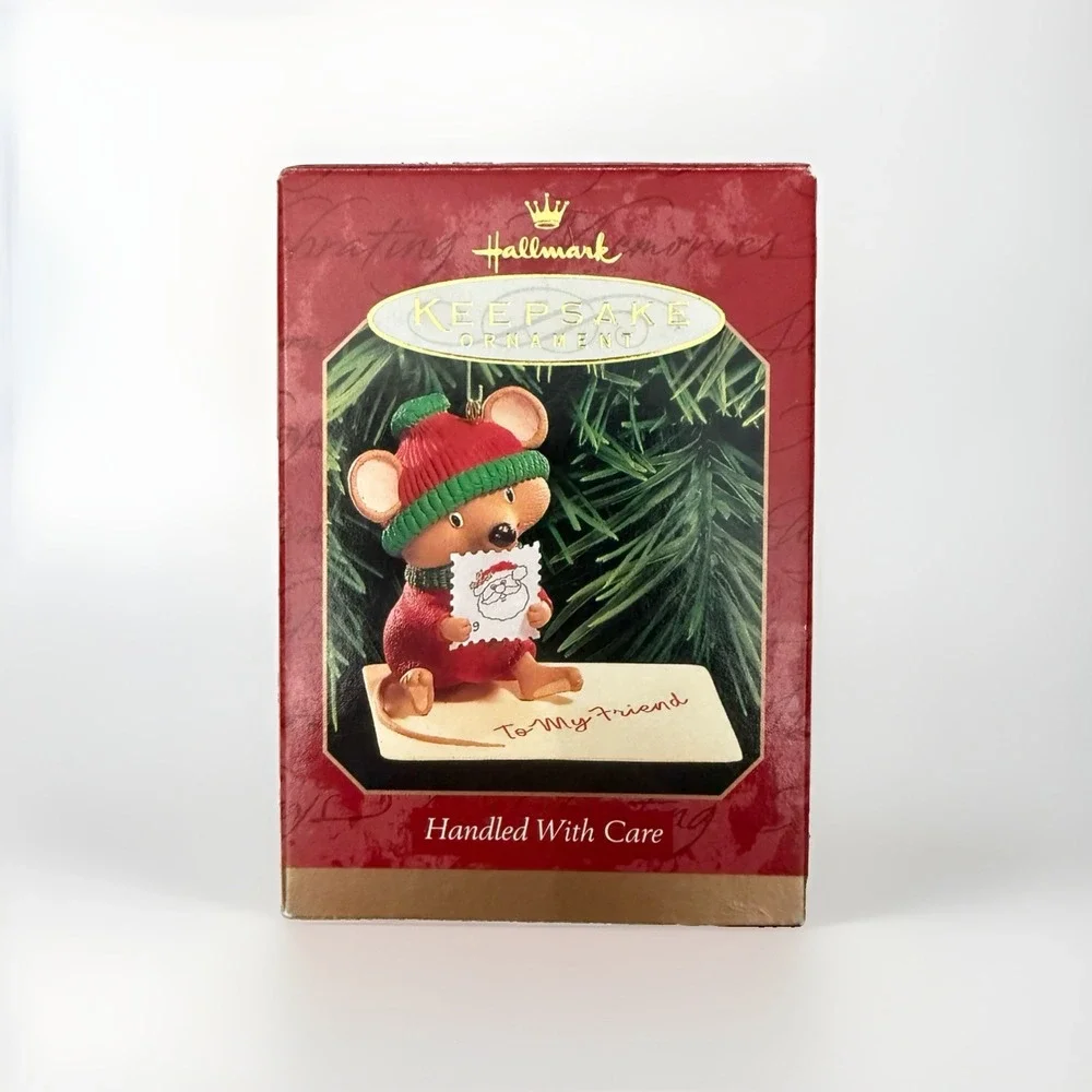 Vintage Hallmark HANDLED WITH CARE 1999 Keepsake Ornament Mouse Stamp Envelope